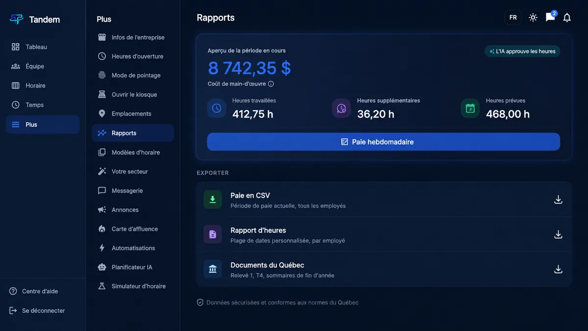 Rapport des heures travaillées dans une application de pointage : heures travaillées, heures supplémentaires et export CSV pour la paie, en remplacement de la feuille de temps papier